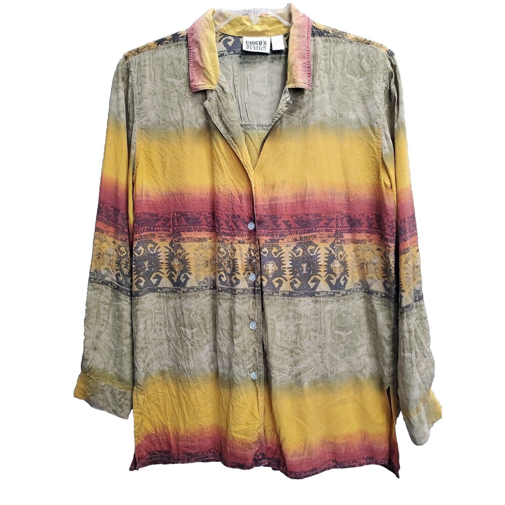 Chico's Design Silk Multicolor Ombre Tribal Print Button-Up Shirt Size 1 Medium